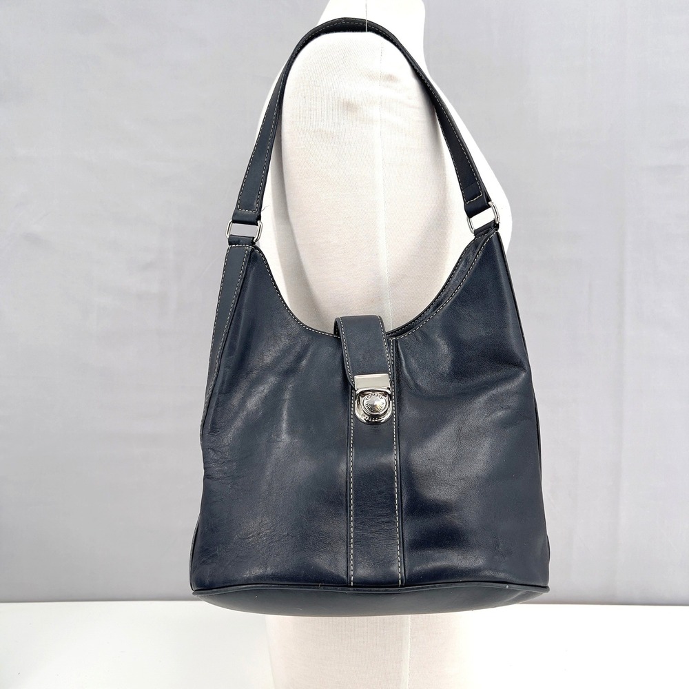 Tommy Hilfiger Leather Bucket Shoulder Bag Black Push Lock Vintage 90s Hobo